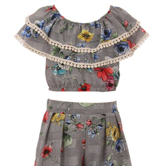 Little Girls Off Shoulder Tops Short 2 Pieces Party Summer Clothing Pant Set - Picture 3 of 5